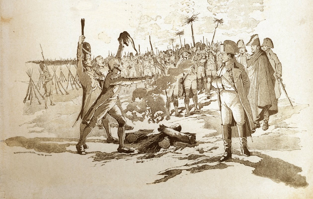 Nem kell lelepleznie, elhozzuk egy gránátos zászlóit és kanonokait az austerlitzi csata előtt, amikor I. Bonaparte Napóleon (1769-1821) meglátogatta a bivakokat. Illusztráció Jobról (Jacques Marie Gaston Onfray és Breville) (Jacques- alkotó: pseudonym for Onfray de Breville Jacques Job