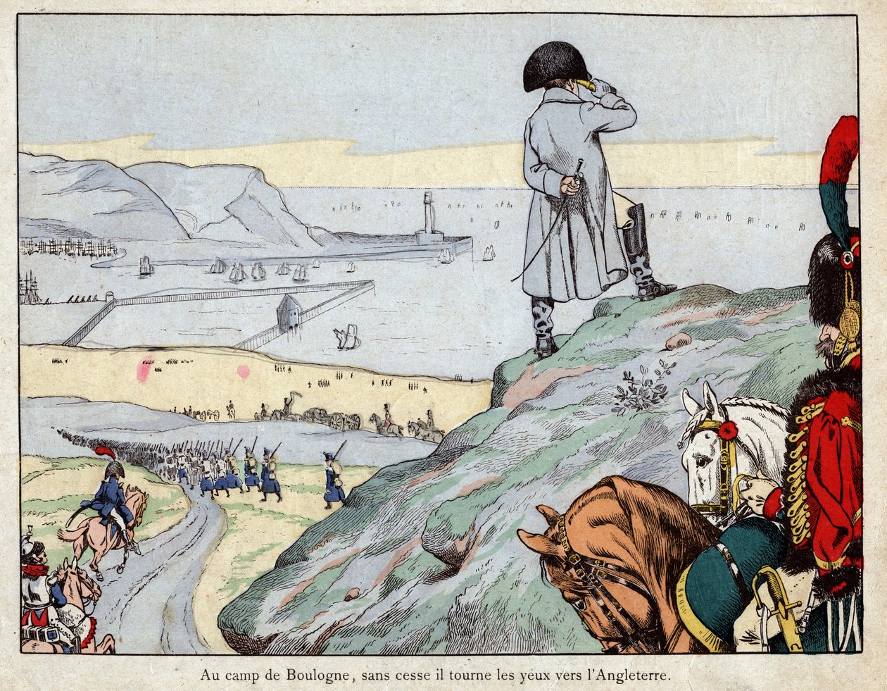 Napóleon által vezetett angol hadsereg Anglia elleni támadása a Boulogne-sur-Mer táborból 1803 márciusában – Job litográfiája alkotó: pseudonym for Onfray de Breville Job