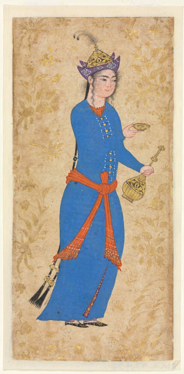 Hercegnő borosüveggel és kupával, c. 1550-1600 (átlátszatlan akvarell és arany papíron) alkotó: School Iranian