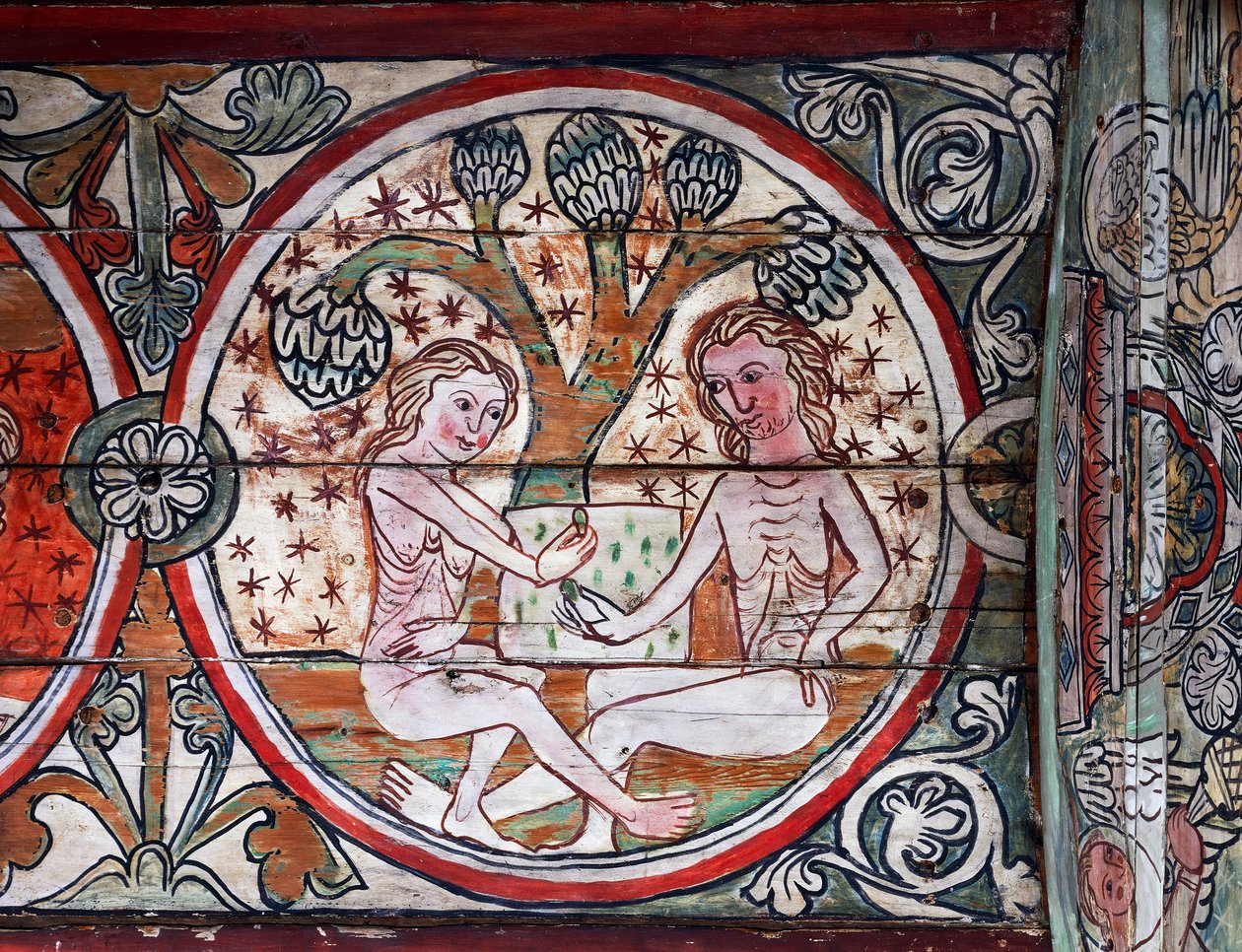 Ádám és Éva az Édenkertben, dekoráció a norvégiai Al Stavkirke-ből (freskó) alkotó: school Scandinavian