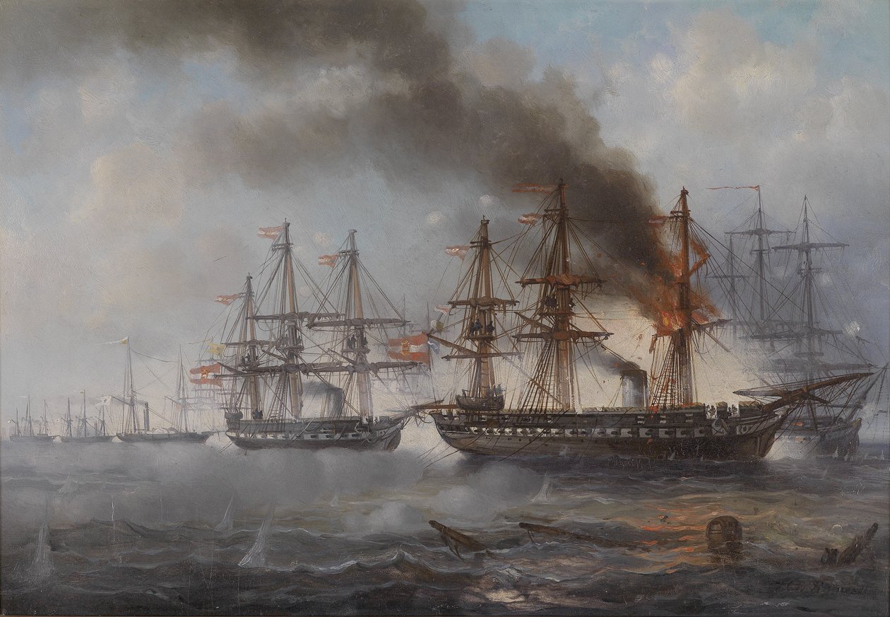 A tengeri csata Helgoland közelében 1864 -ben (az égő Schwarzenberg osztrák fregatt, mögötte a Radetzky fregatt) alkotó: Josef Karl Berthold Puttner