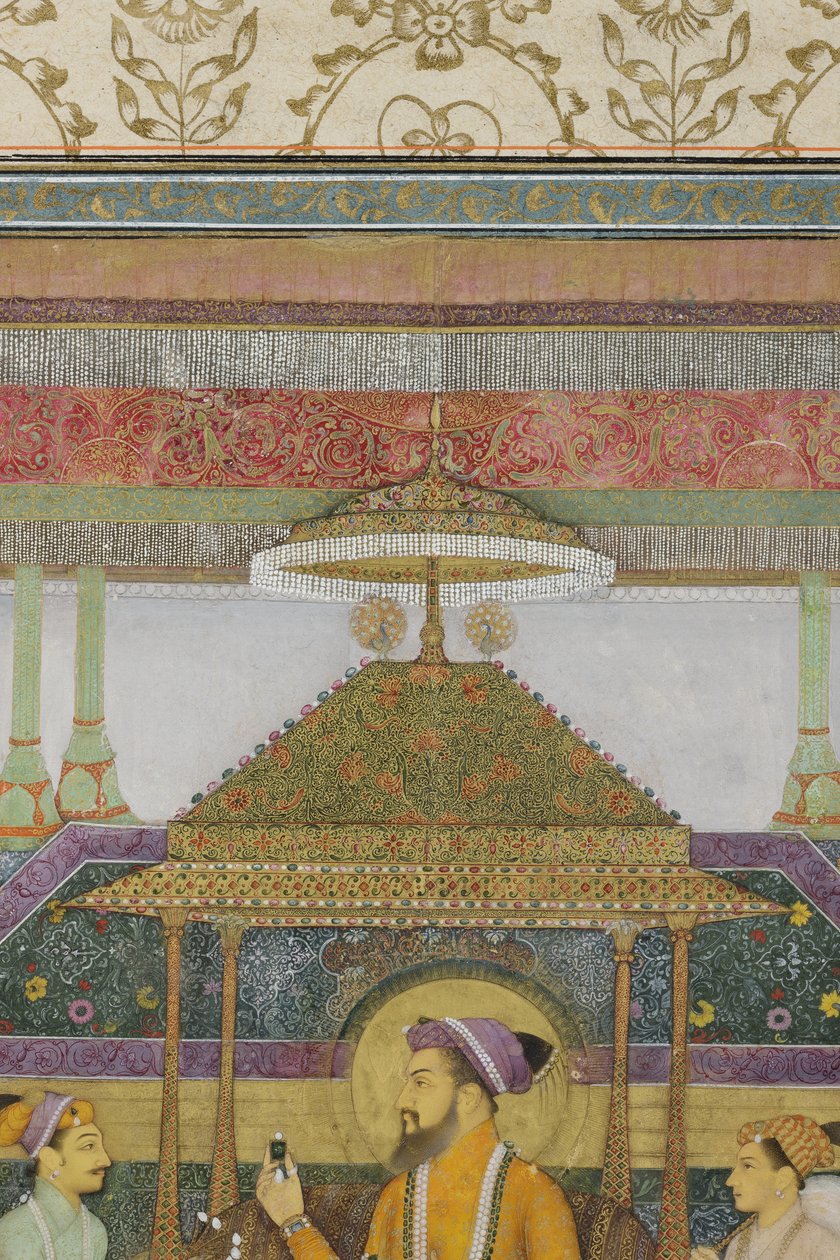 Részlet a The Emperor Shah Jahan on the Peacock Throne című filmből, 1640 (átlátszatlan wc és arany papíron) alkotó: son of Aqa Riza Abid