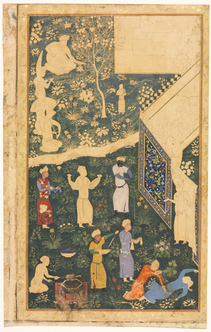 Kétoldalas albumfólió bal oldala: Királyi táboron kívül (recto) alkotó: style of Bihzad