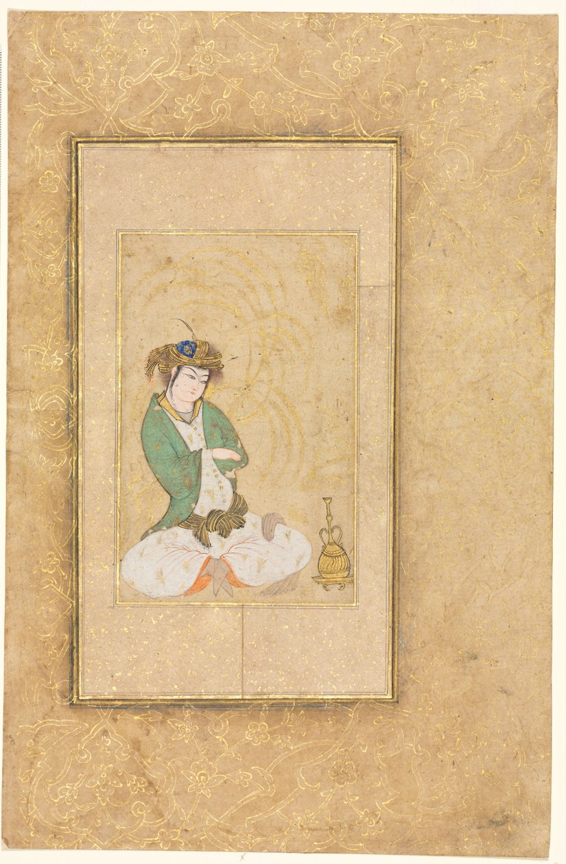 Fűz mellett ülő ifjúság; Egyoldalas illusztráció alkotó: style of Muhammad Yusuf