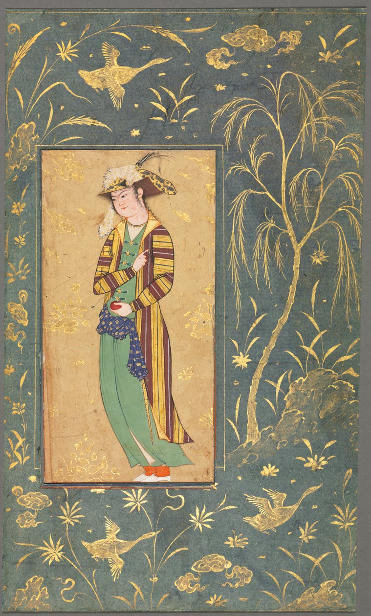 Fiatalok kezében egy gránátalma; Illusztráció egyoldalas kéziratból alkotó: style of Riza yi Abbasi