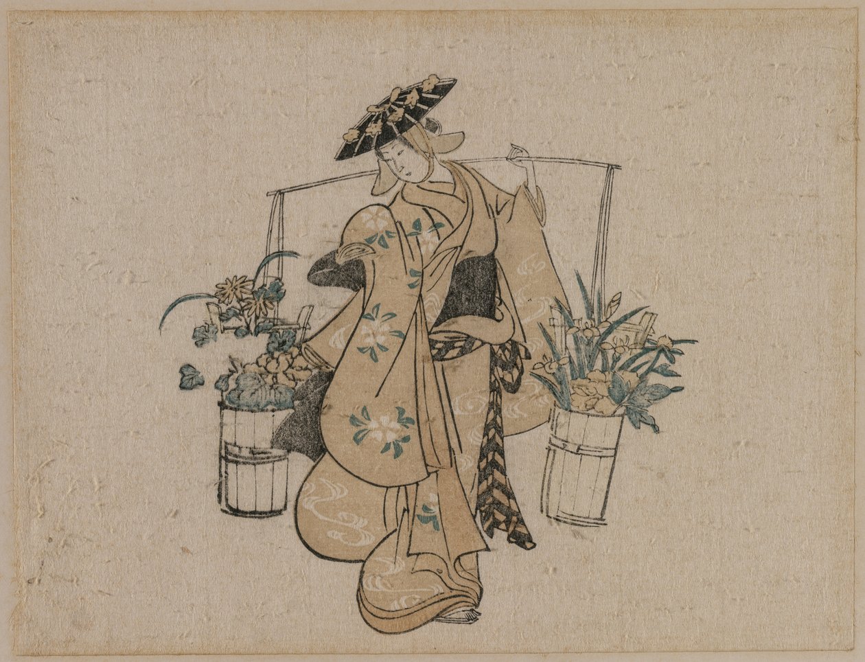 Egy szépség két vödör virágot cipel alkotó: style of Torii Kiyomasu