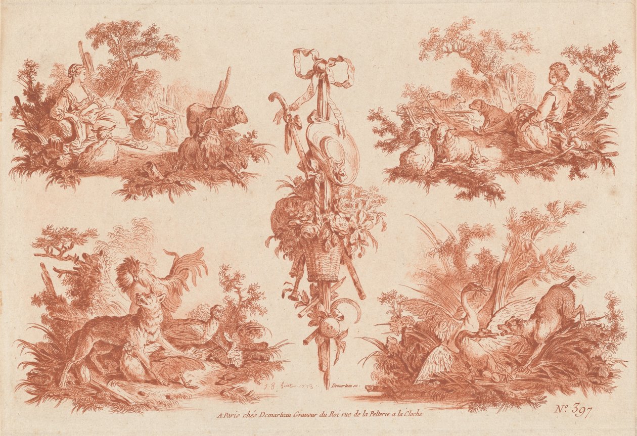 Két lelkipásztori matrica, két vadászmatrica és egy trófea alkotó: the Elder and Jean Baptiste Hüet Gilles Demarteau