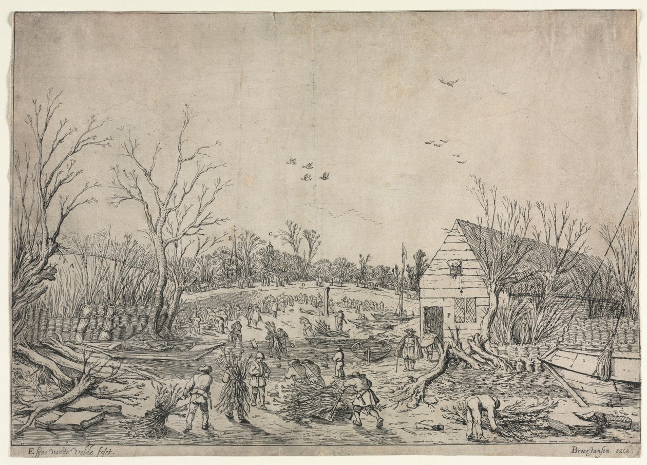 Az 1624. január 10-i nagy árvíz vagy Vianen: A leszakadt gát helyreállítása a Lek folyón, 1624. alkotó: van de Velde Esaias