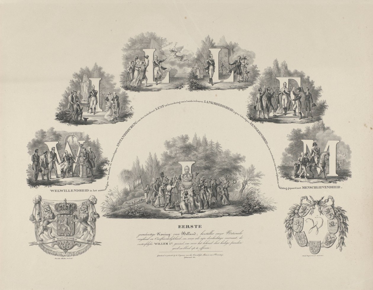 I. Vilmos király erényeinek allegóriája, 1831 I. Vilmos Holland első alkotmányos királya, nemzeti szabadságunk és függetlenségünk visszaállítója (...) (cím a tárgyon) alkotó: van der Meulen