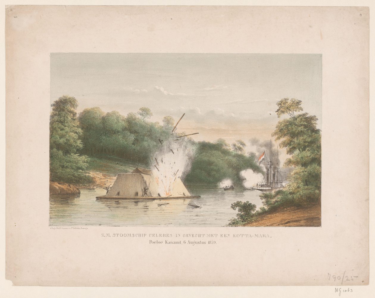 Z.M. Celebes gőzhajó harcban egy kotta-marával. Poeloe Kanamit, 1859. augusztus 6. (cím a tárgyon) alkotó: weduwe Elias Spanier and Zn