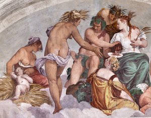 A nyár és az ősz allegóriái (Bacchus és Ceres), északi fal, lunetta a kertbe vezető ajtó felett, Olimposz csarnoka alkotó: Veronese