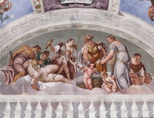 A tél és a tavasz allegóriái (Vulkán és Vénusz), Déli Fal, lunette a Crociera-terem ajtaja felett, Olimposz csarnoka alkotó: Veronese