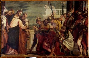 Jézus Krisztus és a százados. A kapernaumi százados könyörgött Jézusnak, hogy hadba szálljon bénult szolgájával. Paolo Veronese (1528-1588) festménye 16. század V. 1,92x2,97 m Madrid, Prado Múzeum