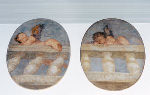 Két szárnyas putti korláton mászva, gömbök a sekrestyéből (freskó) alkotó: Veronese