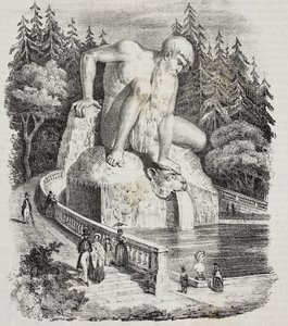 Appenninek kolosszusa (Giambologna mellett) a Villa Demidoff parkjában (Villa Medicea of ​​​​Pratolino), Vaglia, Toszkána, Olaszország, Giovanni Mariani litográfiája, Poliorama Pittoresco, n 10, október 15.