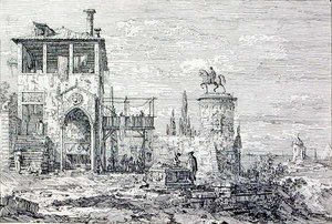 Táj lovas emlékművel (metszet) alkotó: Canaletto