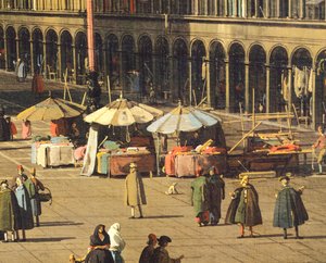 Piazza San Marco (Szent Márk tér) a bazilikától a San Geminiano templom és a Procuratie Nuove (a Prokurátorok épületei) felé, Velence, a Giovanni Antonio-csatorna mellett, Canaletto néven ismert (1697-1768), Olaj, vászon, 68,5x93,5 cm , 1735 körül