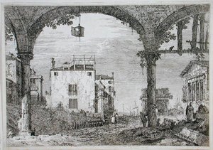 Kilátás egy árkádon keresztül a tengerparti épületekre (rézkarc) alkotó: Canaletto