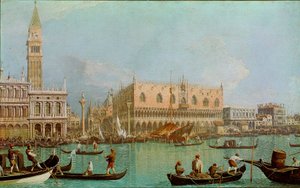 A Vakond a Szent Márk medencéjének hercegi palotájával. Kilátás Velencére, a Dózse-palotára és a Szent Márk térre a csatornáról. Giovanni Antonio Canal dit il Canaletto festménye (1697-1768)