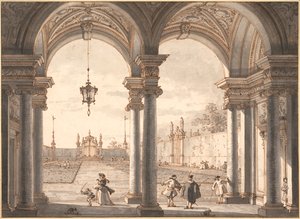 ""Kertre néző barokk oszlopsor látképe"" (Kilátás barokk oszlopsoron át a kertbe) Antonio Canal dit Canaletto (1697-1768) tollrajza 1760-1768 Méret: 33,1x45,4 cm Albertina, Bécs alkotó: Canaletto