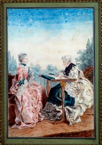 Mademoiselle Melin és Mademoiselle de Laleu Louis carrogis dit Carmontelle (1717-1806) akvarell kárpitját készíti 1759. Párizs, Musee Carnavalet alkotó: Carmontelle