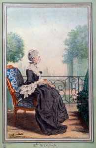 Julie de Lespinasse (1732-1776) betűs nő egészalakos portréja Louis Carrogis (1717-1806) akvarellje, Carmontelle néven. 18. századi Chantilly, conde múzeum