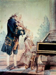 Wolfgang Amadeus Mozart (1756-1791) gyermek zongorázik apjával, Leopolddal”” Akvarell: Louis Carrogis Carmontelle (1717-1806) 1777 Párizs, Musee Carnavalet