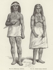 Tetovált Haida nő és férfi (metszet)