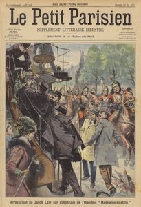 Egy férfi letartóztatása egy párizsi buszon, miután lövéseket adott le egy arra járó lovassági csapatra (színes lithó) alkotó: (after) Carrey