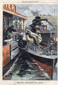 Halálos baleset a Szajnán: a des Bateaux Parisiens egyik alkalmazottja meghalt két hajó közé ütközve a Charenton híd közelében. Metszet a „Le Petit Parisien”-ben, 1901.02.17.