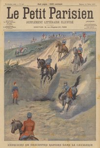 Francia lovasság gyors meredek ereszkedést gyakorló lóháton (színes litho)