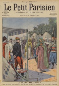 A leigázott marokkói törzsek túszai Casablancában Drude tábornok mellett menetelve (színes litó)