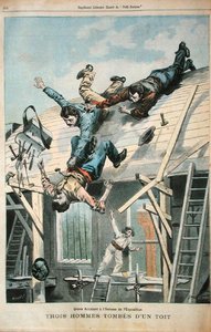 Három férfi lezuhan a tetőről, a "Le Petit Parisian"-ból, Fortune-Louis Meaulle (1844-1901) metszetében, 1900. április 8. (színes litó) alkotó: (after) Carrey
