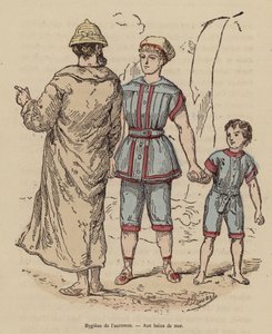 Család a tengerparton ősszel (színes metszet) alkotó: (after) French School