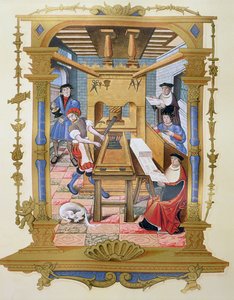 Egy 16. századi nyomda belseje, a „Chants royaux sur la Conception Couronnee du Puy de Rouen” miniatúrájának másolata (színes litó)