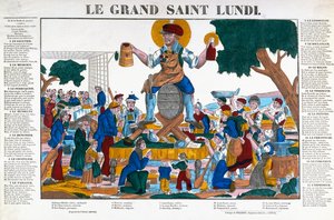 Le Grand Saint Lundi, Nagyhétfő, rajzfilm munkásokról és kereskedőkről, akik a hétfőket az alkoholnak szentelik munkájuk helyett, 19. század közepe (színes litó)