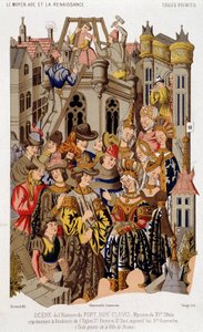 Fort Roy de Clovis történetének jelenete. A 15. századi misztérium, amely a Szent Péter és Szent Pál-templom, ma Szent Genevieve alapítását jelképezi. (a) Reims város festett vászna.