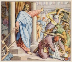 Jézus megtisztítja a templomot (színes litográfia)