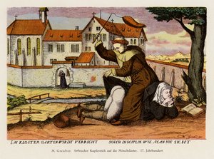 Szerzetes fegyelmez egy apácát a kolostor kertjében (színes litográfia)