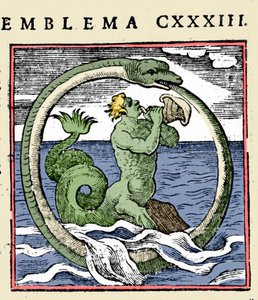 Egy triton és egy ouroboros, "Emblems" (A füzet emblémái) illusztráció, Andrea Alciati (színes litó)