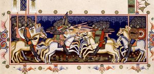 Csatajelenet (Imagined Crusades) - a "Nápolyi Szentlélek Rendjének Statútumában" (Szentlélek rendje) az 1352-es miniatűr alapján alkotó: (after) Italian School