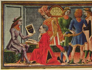 Frigyes császár átveszi Giovanni Bianchini csillagász „Az asztrológia táblái” című könyvét (színes litho)