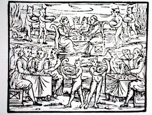 A varázslók lakomája, M. Guaccius atya „Compendium Maleticarum” illusztrációjának másolata, Milánó, 1608, a „Varázslattörténetben” használt, a 19. század végén megjelent (fametszet) alkotó: (after) Italian School