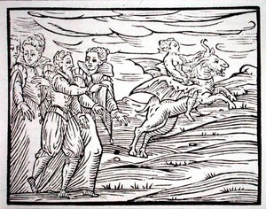 Boszorkány egy ördögi kecskében, F. Guaccius úr „Compendium Maleficarum” illusztrációjának másolata, Milánó, 1608, a 19. század végén megjelent „Varázslattörténetben” használt (fametszet)
