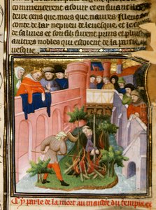 Cott Nero E II pt.2 fol.105 A templomosok mesterének elégetése, a „Les Grandes Chroniques de France”-ból, 1415 körül (vellum)