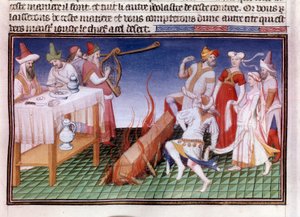 Temetési szertartás a kínai Tangut (Gansu) tartományban: hamvasztási jelenet Miniatűr a „” Csodák könyve””” („” Devisement of the World”, „” Il Milione”) kéziratban, fr.2810 (23. fólió) kivilágítva Boucicaut mestere és Marco Polo írta
