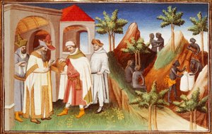Mr Fr 2810 f.83r, Lar King gyöngyöket vásárol, miniatűr a „A világ csodáinak könyveiből”, 1410-1412 körül (tempera pergamen)