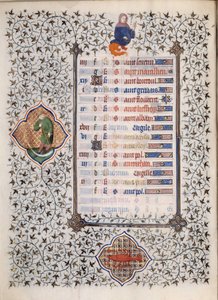 A „Les Tres Riches Hours du Duke Francois de Guise”” kézirat oldala Boucicaut mestere által megvilágított: állatöv jeleinek ábrázolása és a mindennapi élet színterei: rák és sarlós ember. 15. század. Musee Conde, Chantilly alkotó: (and workshop) Boucicaut Master