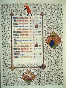 A „Les Tres Riches Hours du Duke Francois de Guise” kézirat oldala Boucicaut mestere által megvilágított: az állatöv jegyeinek és a mindennapi élet színtereinek ábrázolása: a nyilas és a bétail tenyésztő. 15. század. Musee Conde, Chantil alkotó: (and workshop) Boucicaut Master