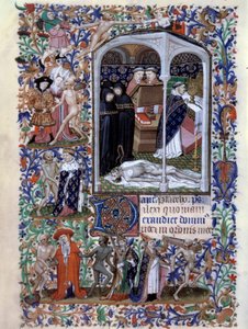 A mókás ceremónia és a hátborzongató tánc jelenete Miniatűr a „Párizsi órák könyve”-ből, amelyet az Atelier du Maitre d Boucicaut világított meg, 1415 körül. Paris, B.N.